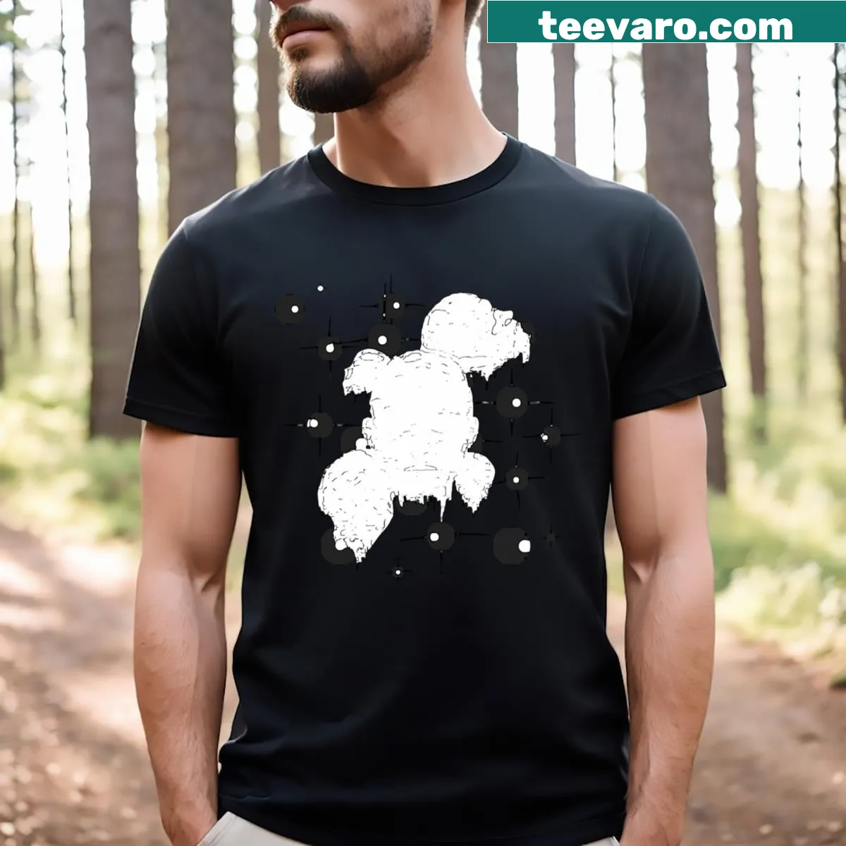 Minimalist t-shirt with abstract dripping text design — on a men's t-shirt