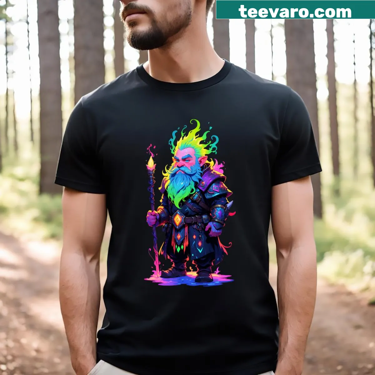 Enchanting t-shirt featuring a dwarf magician illustration for fantasy fans — on a men's t-shirt