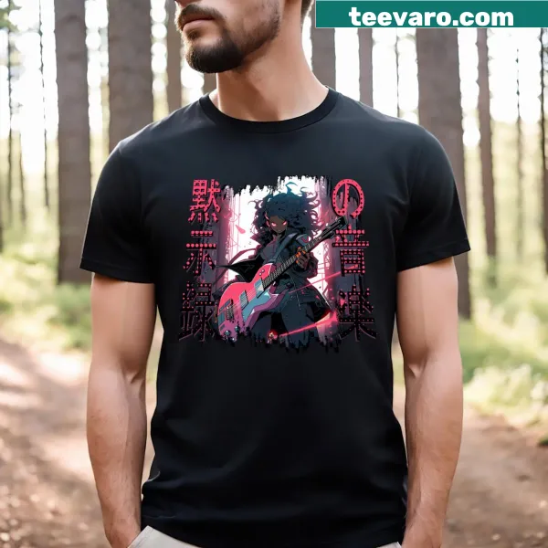 Dystopian t-shirt featuring a guitar girl in an anime style