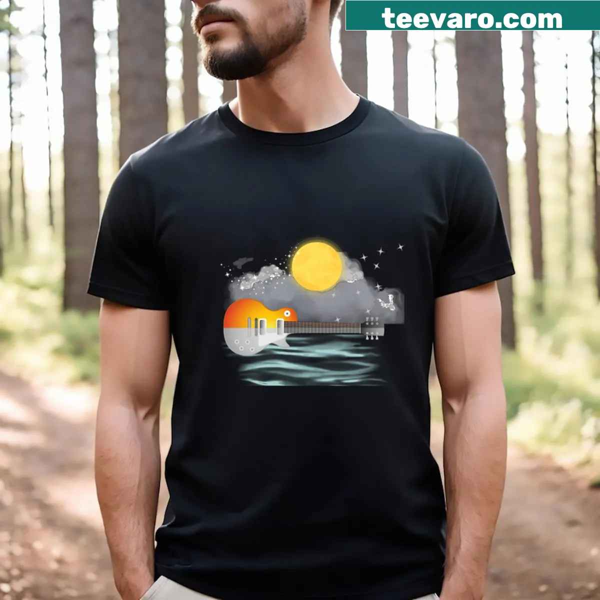 Electric guitar t-shirt with colorful graffiti art for music lovers — on a men's t-shirt