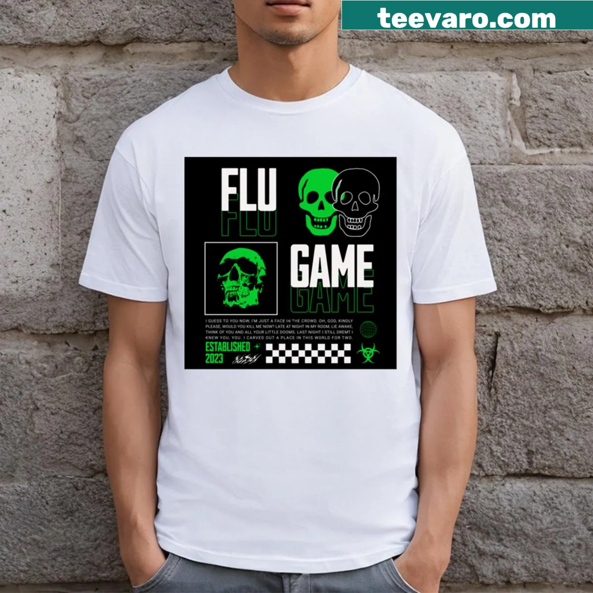 Bold t-shirt with 'Flu Game' text design — on a men's t-shirt