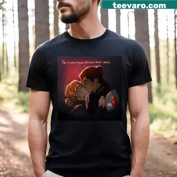 Line-art t-shirt with 'For It Was Music Between Their Souls' text