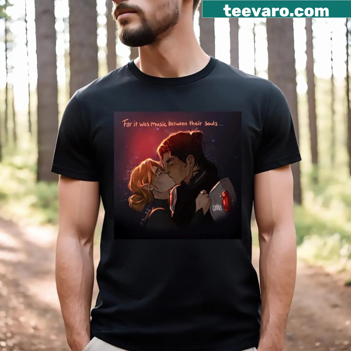 Line-art t-shirt with 'For It Was Music Between Their Souls' text — on a men's t-shirt