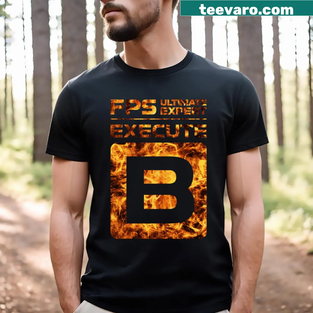 Explosive graphic design representing first-person shooter gaming — on a men's t-shirt