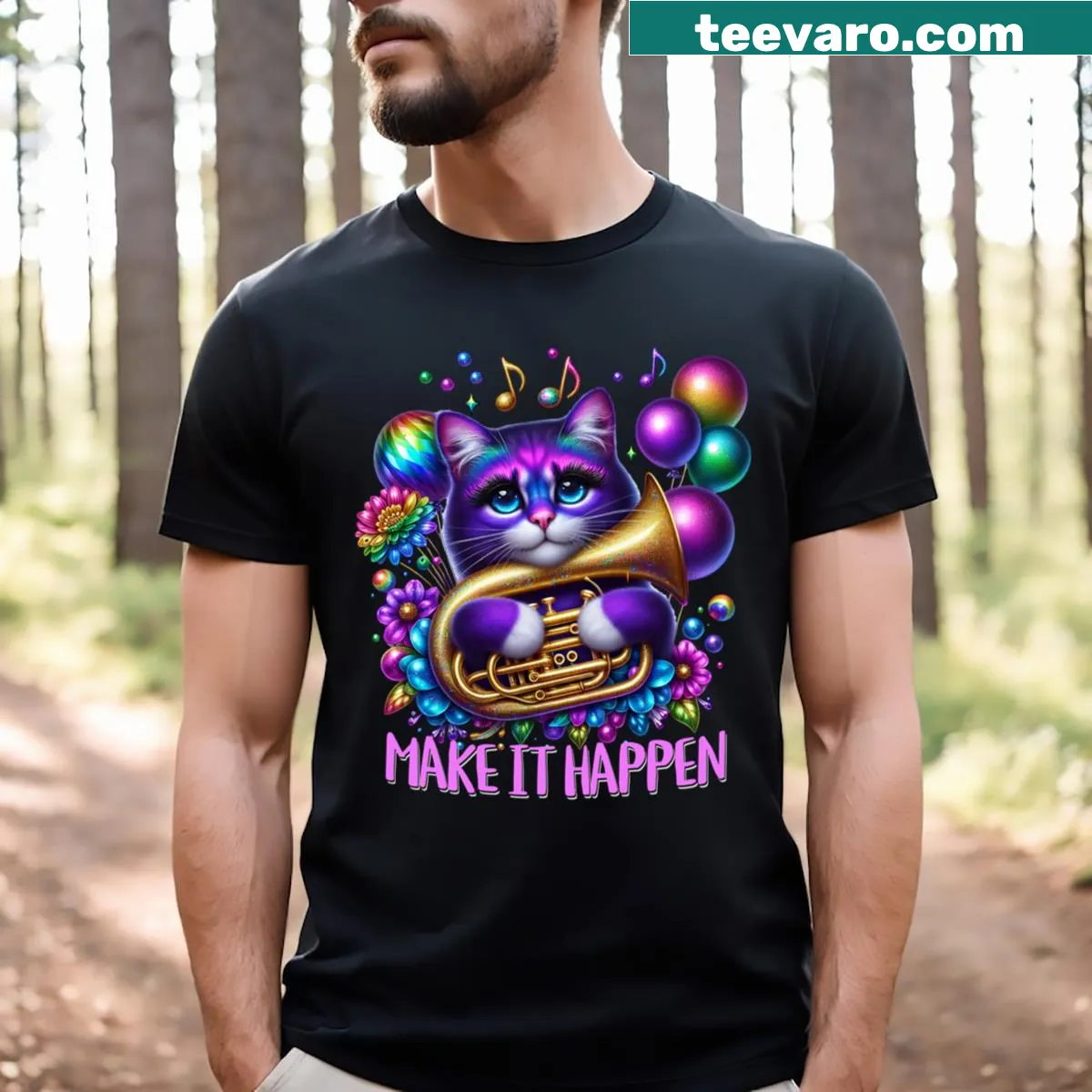 A cat playing the tuba in a funky style for cat lovers — on a men's t-shirt