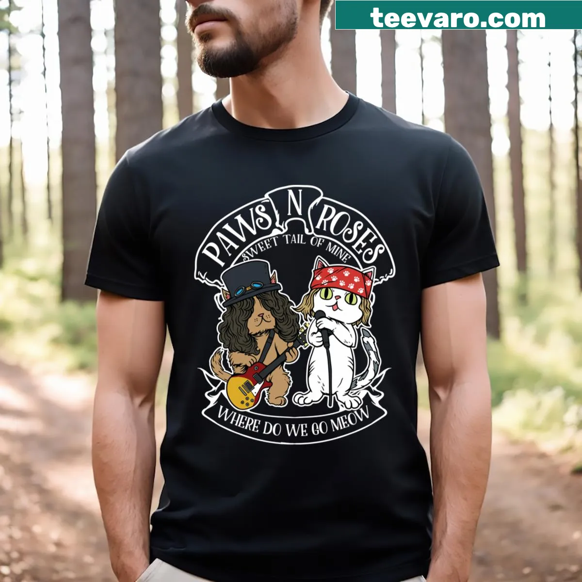 Funny T-shirt featuring cat paws in a rock music pose — on a men's t-shirt
