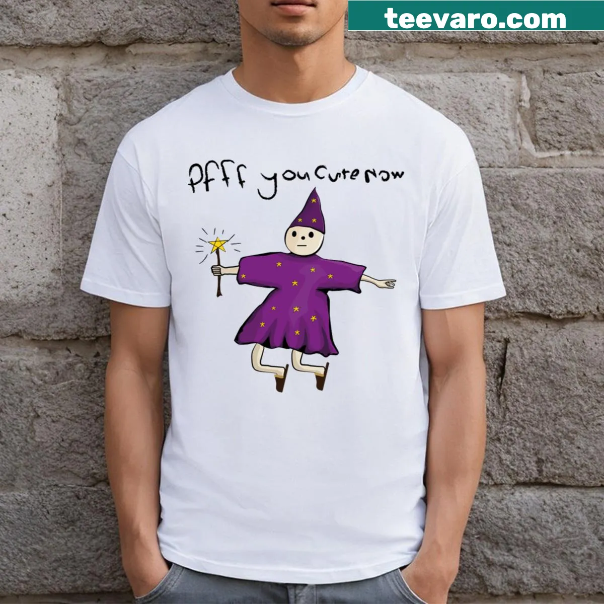 Cartoon wizard graphic T-shirt with a humorous twist — on a men's t-shirt