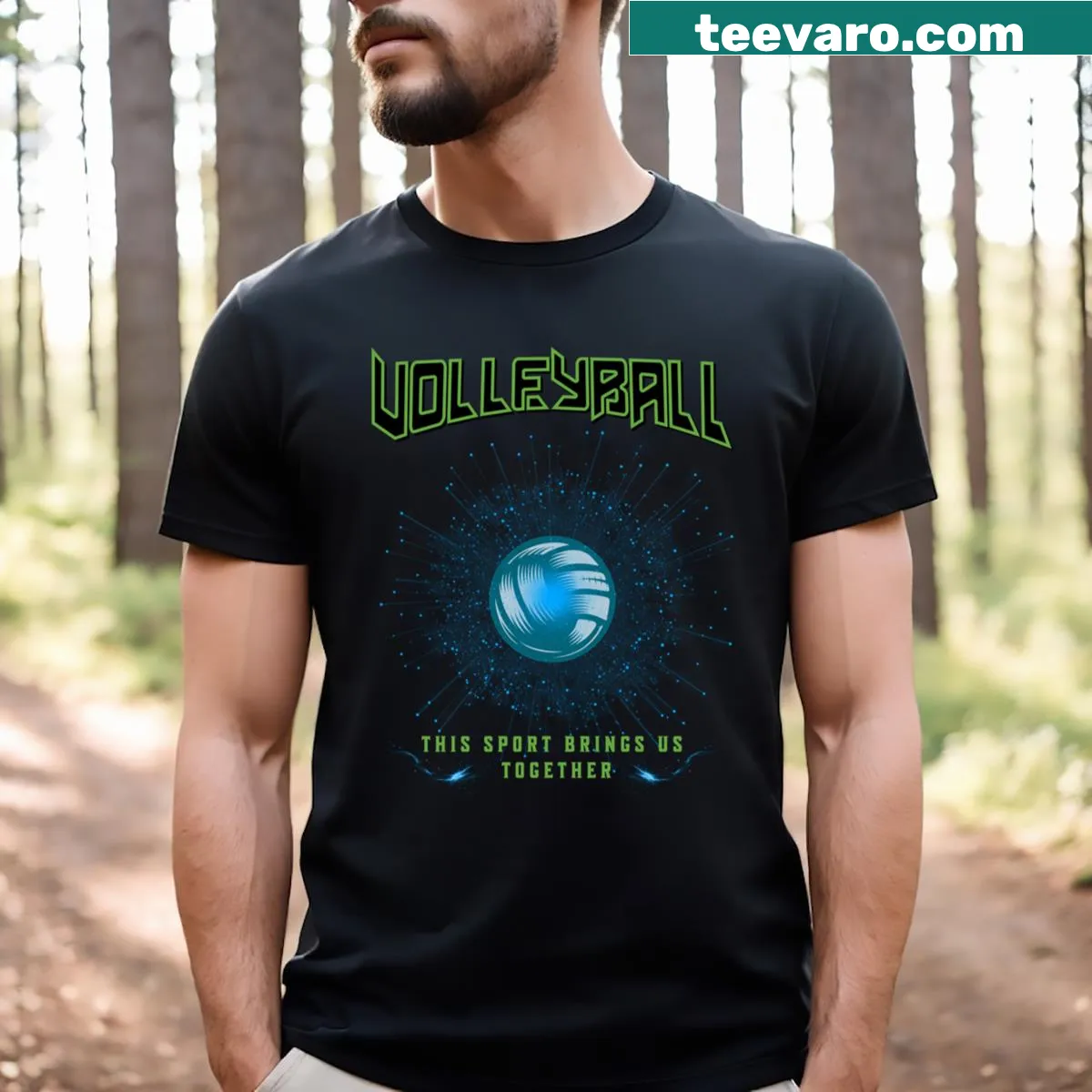 Bold typography T-shirt celebrating volleyball — on a men's t-shirt