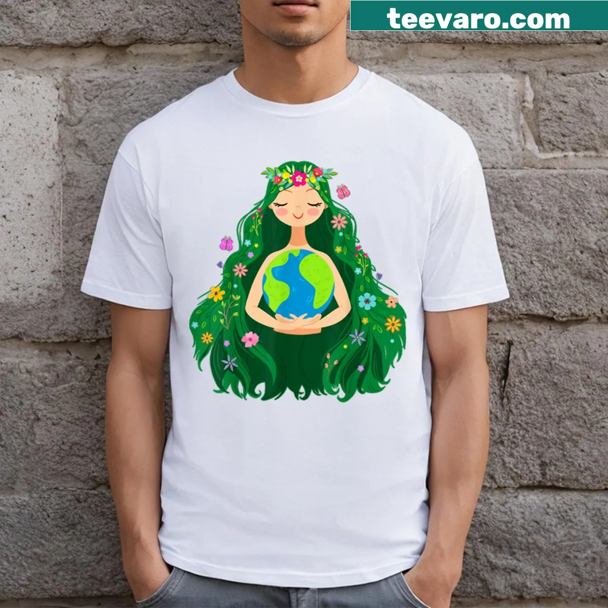 Earth Day-themed t-shirt featuring Mother Earth for kids. — on a men's t-shirt