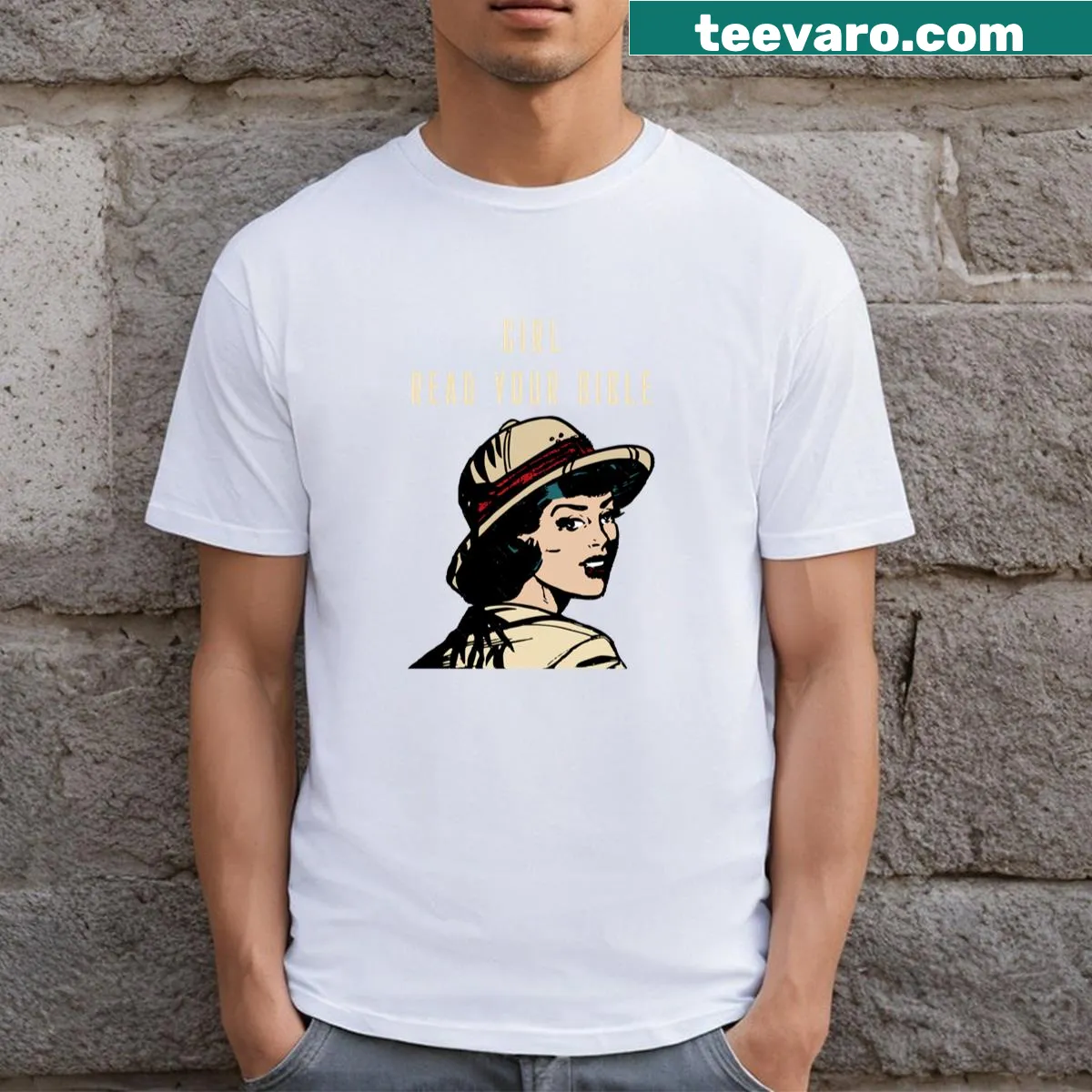 Safari-themed t-shirt with 'Girl Read Your Bible' text — on a men's t-shirt
