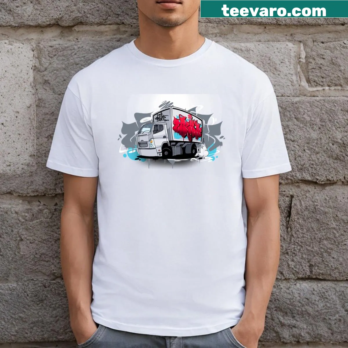 Vintage graffiti design on car-themed t-shirt — on a men's t-shirt
