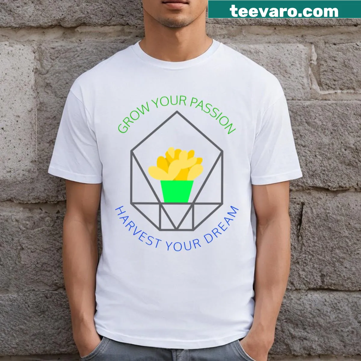 T-shirt with motivational phrase 'Grow Your Passion Harvest Your Dream' — on a men's t-shirt