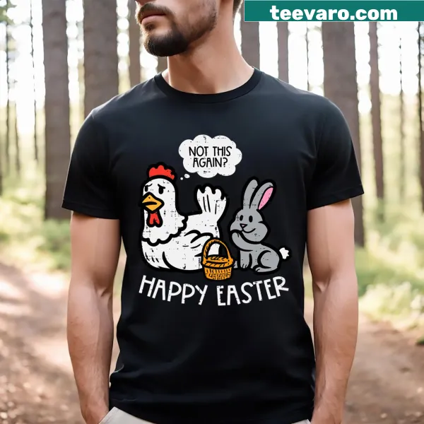 Funny Easter t-shirt featuring cartoon bunnies and chickens