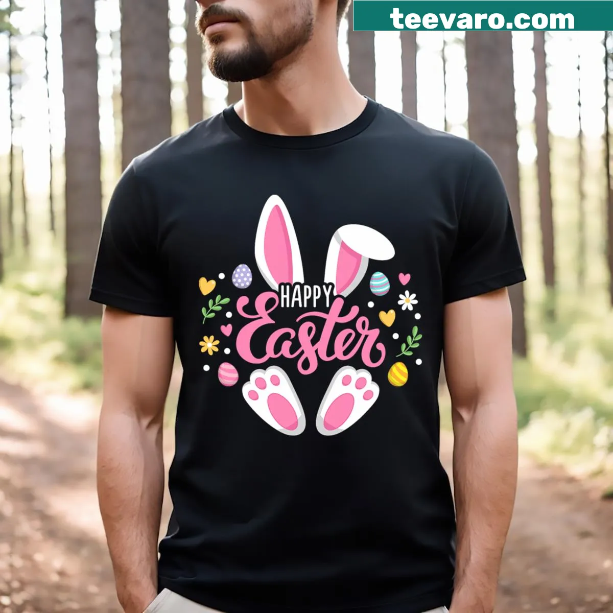 Delightful t-shirt featuring Easter Bunny and egg hunt graphics. — on a men's t-shirt