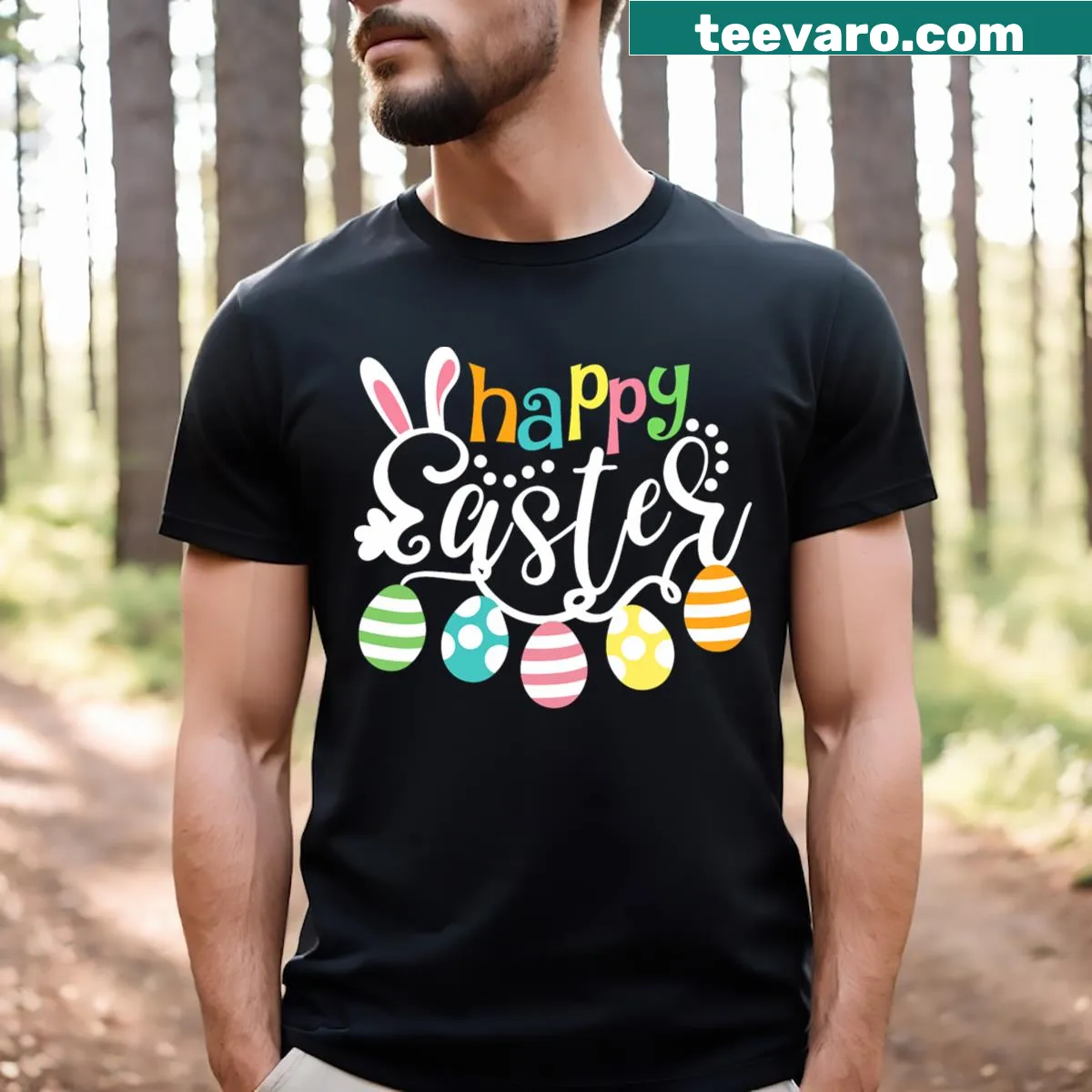 Cute bunny girl hunting Easter eggs on a playful t-shirt design — on a men's t-shirt