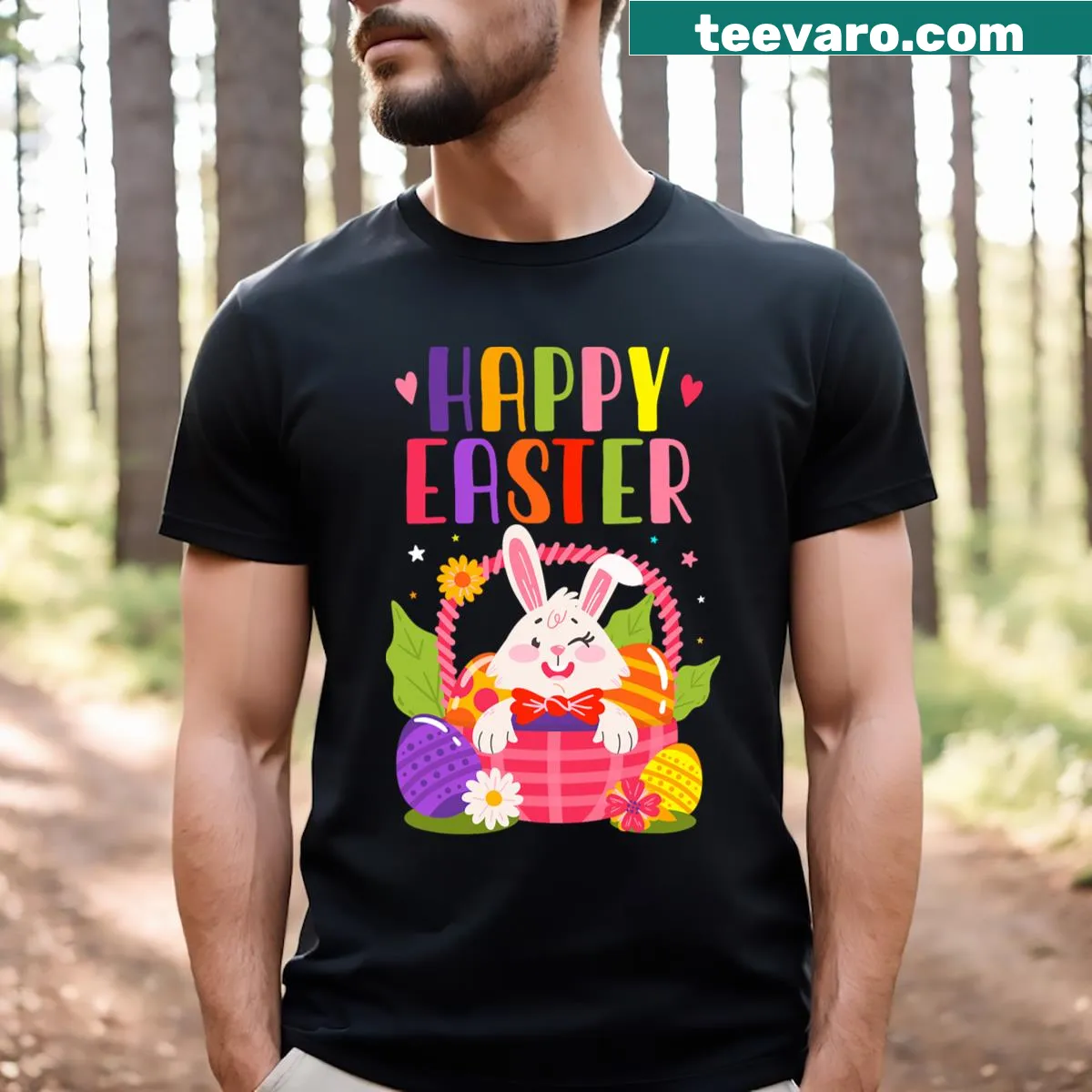 Easter T-shirt featuring a cheerful bunny illustration for men and kids — on a men's t-shirt