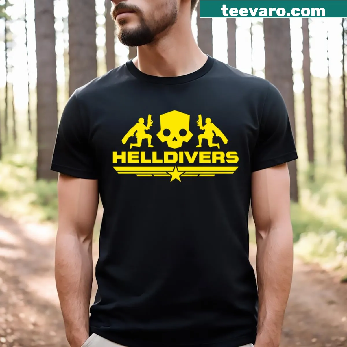 Helldivers 2 T-shirt featuring a trooper emblem design — on a men's t-shirt