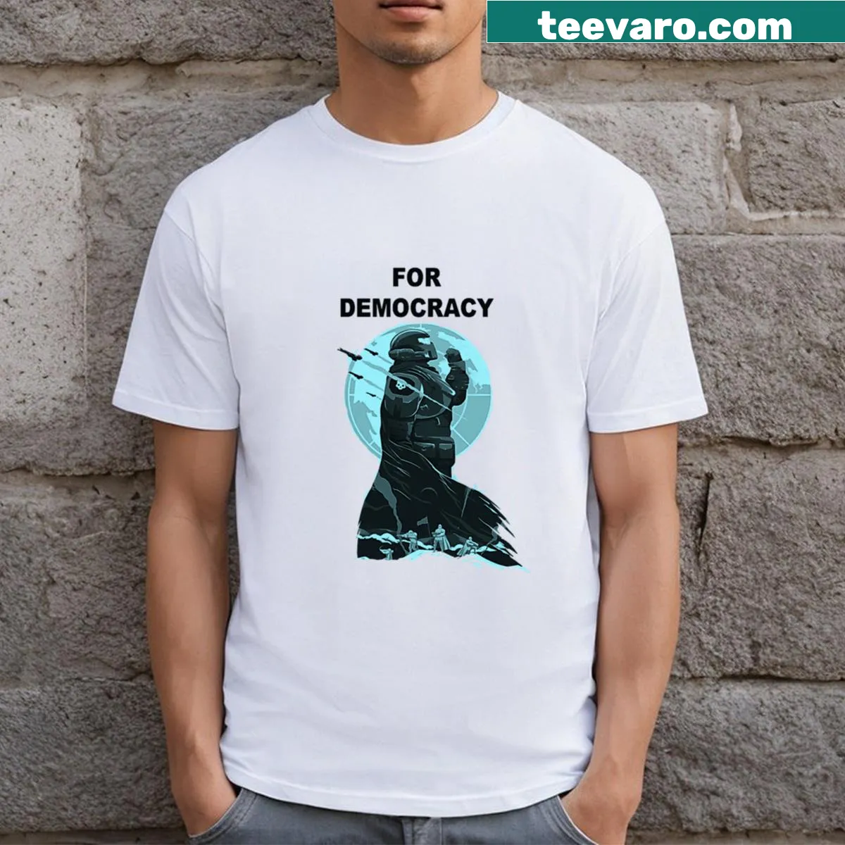 Cartoon-style graphic of Helldivers characters on a T-shirt — on a men's t-shirt