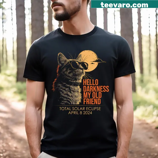 Solar Eclipse April 8, 2024 T-shirt with 'Hello Darkness My Old Friend' design