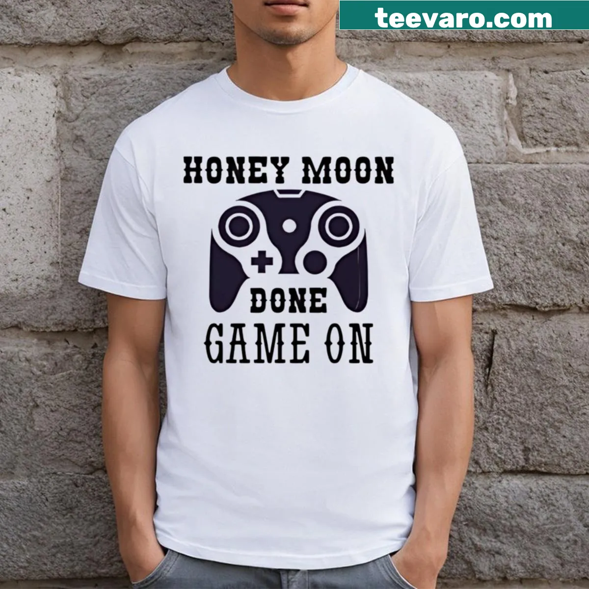 Gaming t-shirt with 'Honey Moon Done Game On' text — on a men's t-shirt