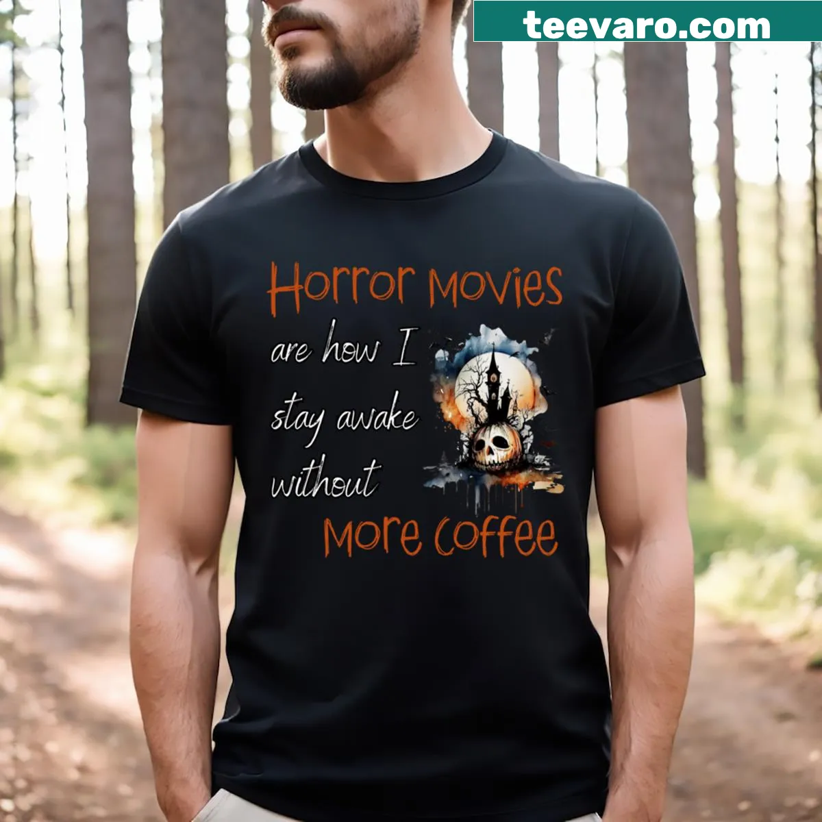 Funny horror movie-themed t-shirt with humorous saying about staying awake — on a men's t-shirt