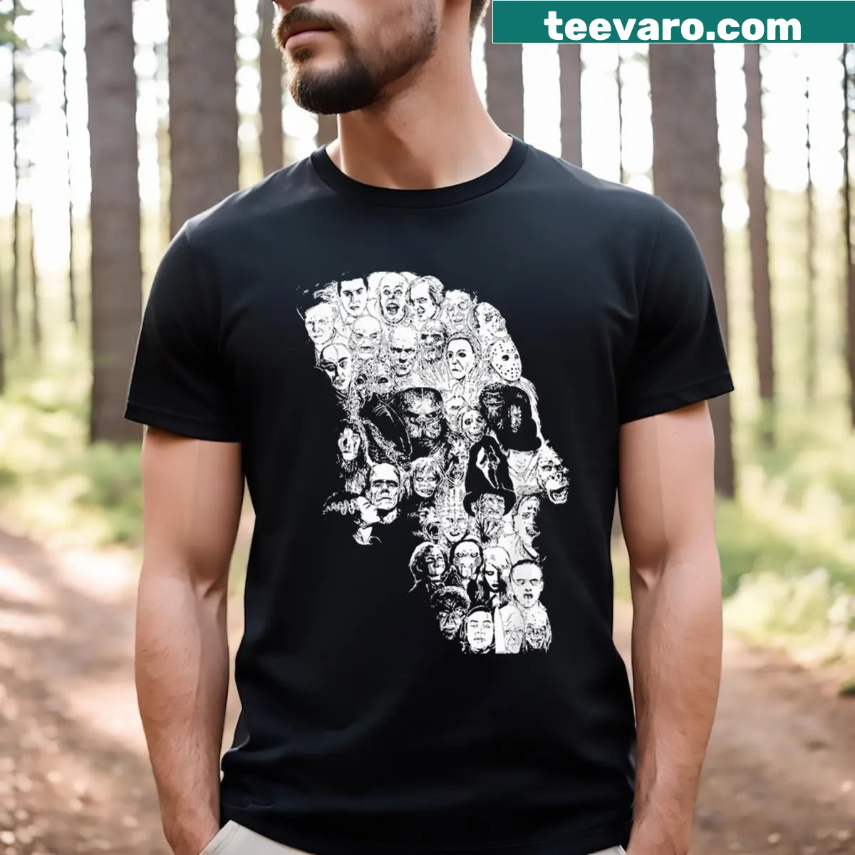 Edgy skull graphic t-shirt inspired by horror movie characters — on a men's t-shirt