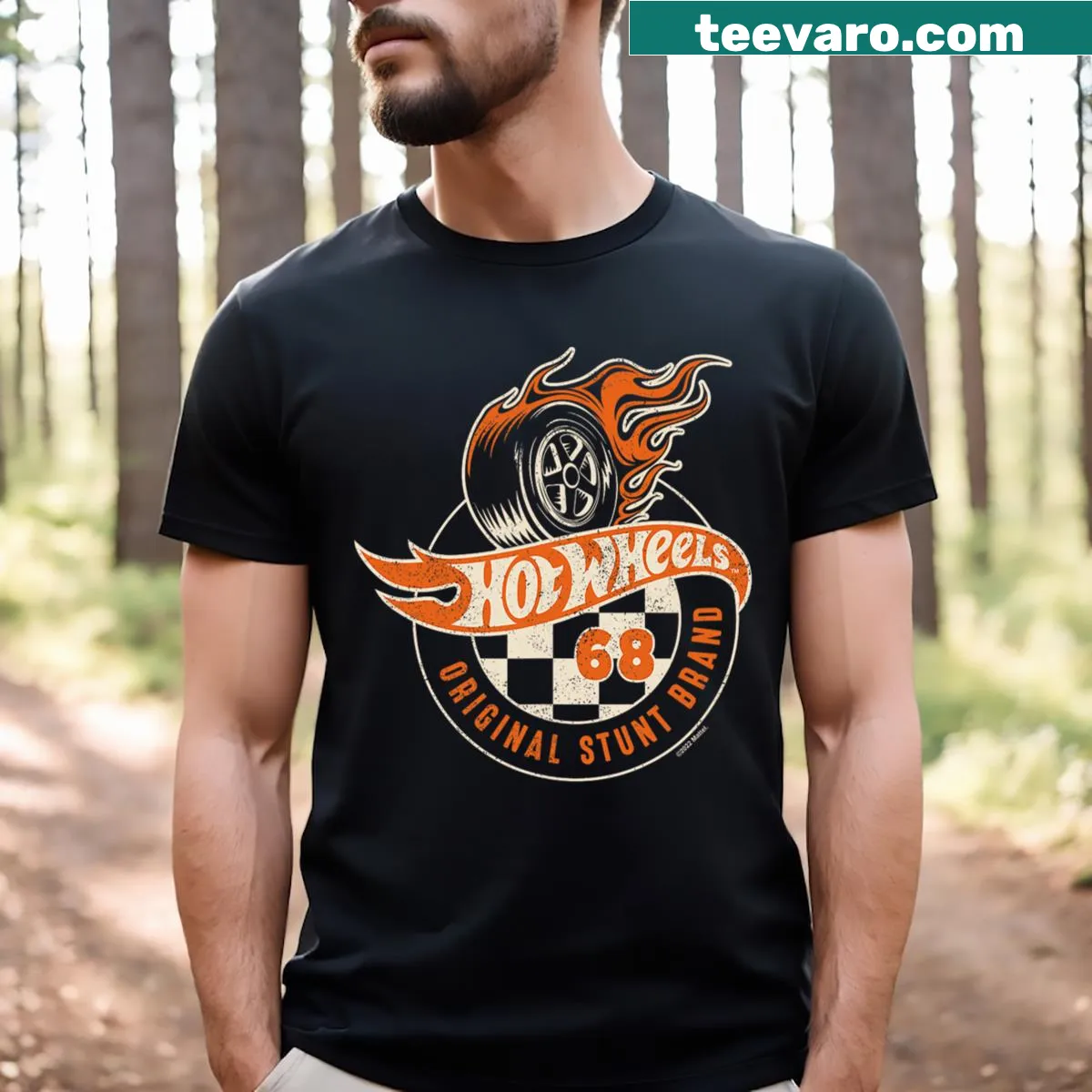 Hot Wheels T-shirt with original stunt logo and vehicle graphic — on a men's t-shirt