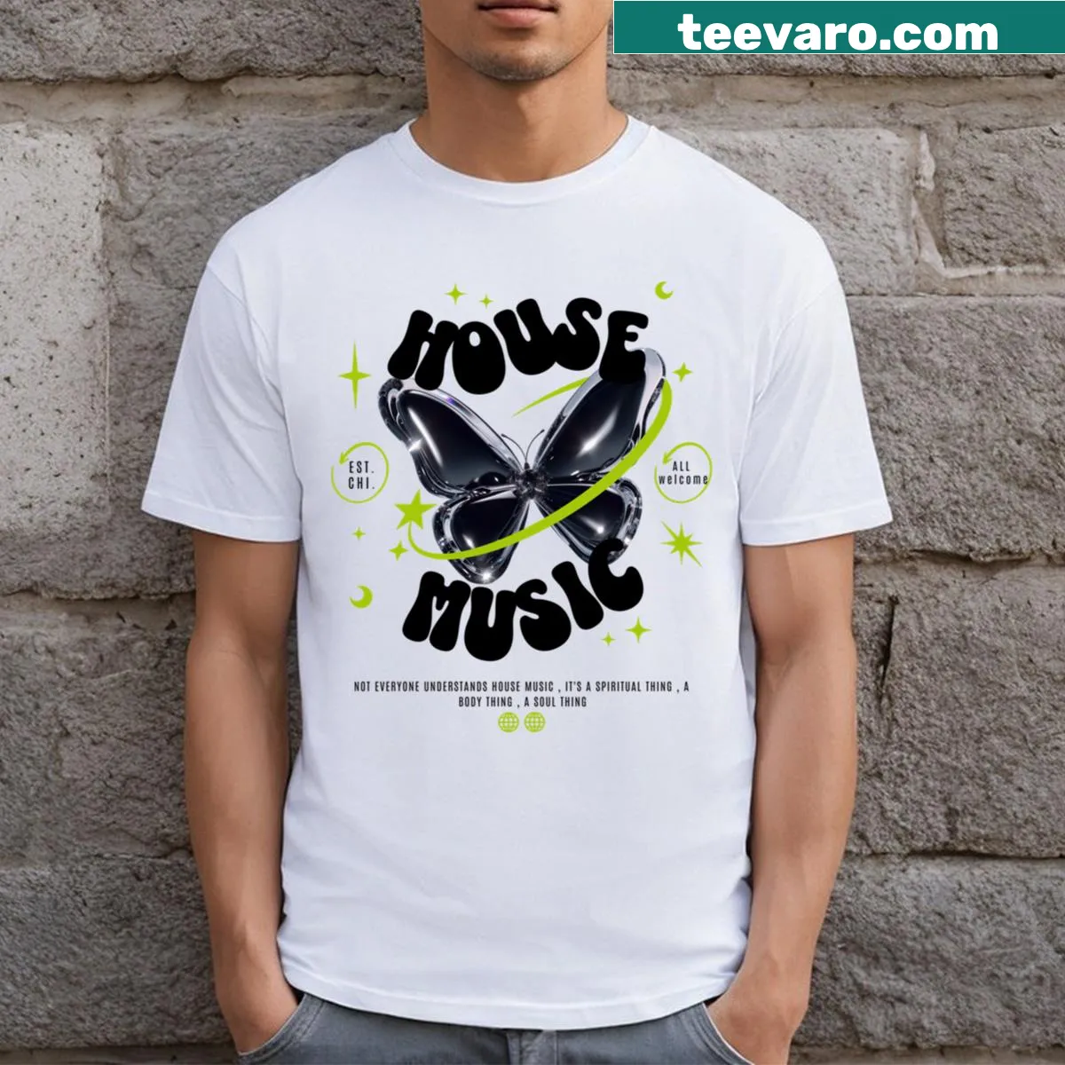 Y2K-inspired T-shirt with butterfly graphic celebrating house music — on a men's t-shirt
