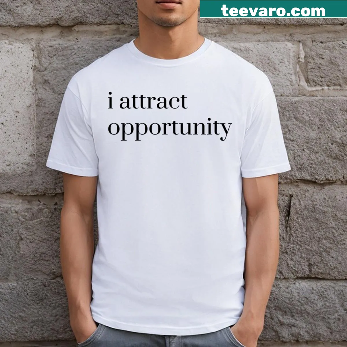 Motivational T-shirt with the phrase 'I Attract Opportunity' in typography — on a men's t-shirt