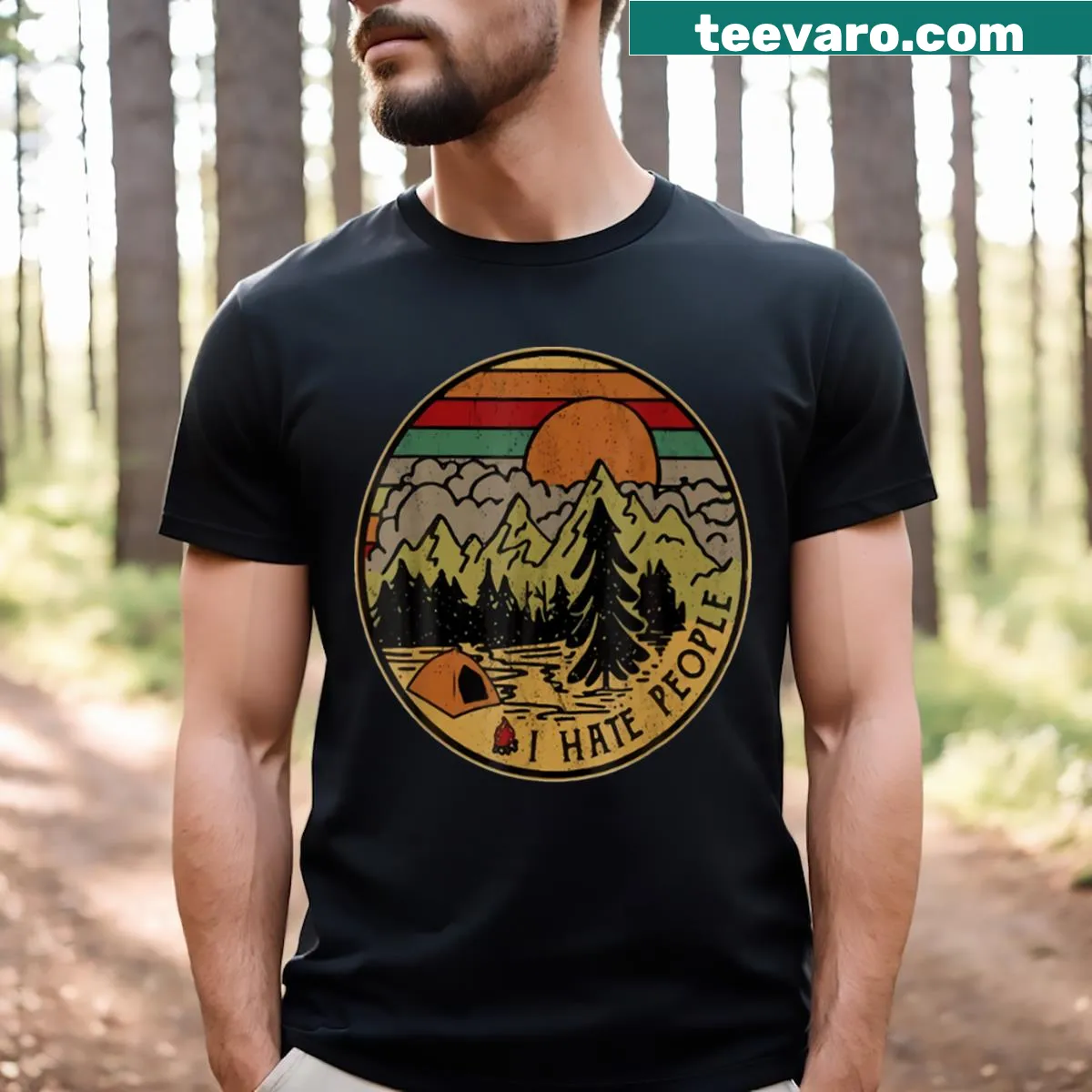 Funny camping T-shirt stating 'I Love Camping I Hate People'. — on a men's t-shirt