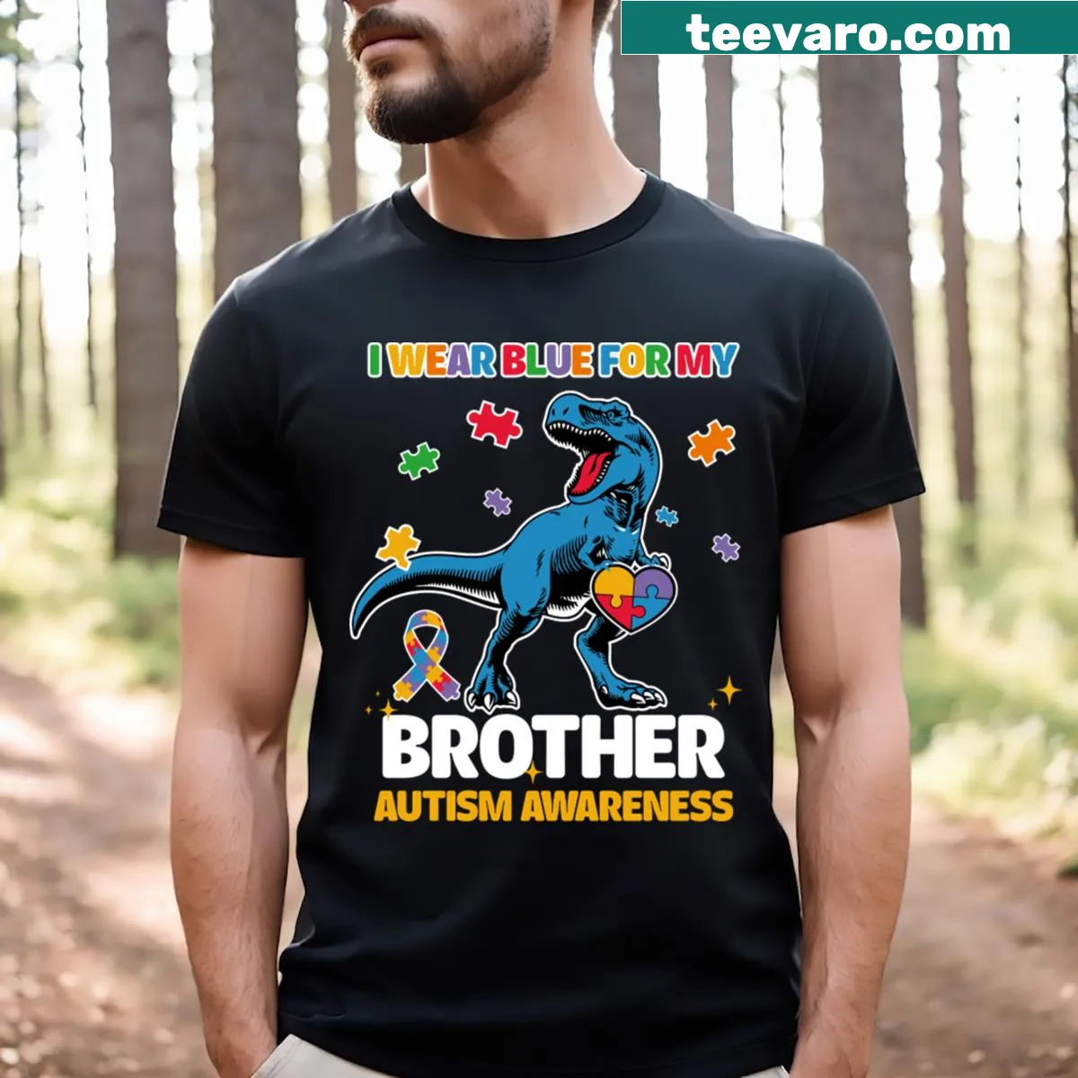 T-Rex graphic with puzzle pieces and text for autism awareness — on a men's t-shirt