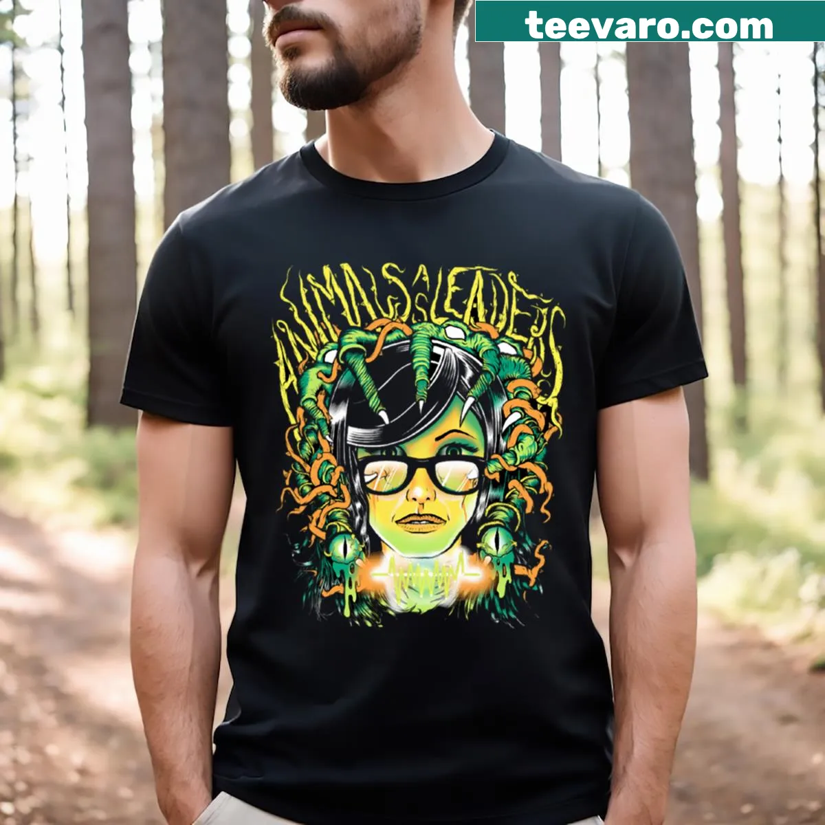 Illustration of an animal as a band leader on a music tour T-shirt — on a men's t-shirt