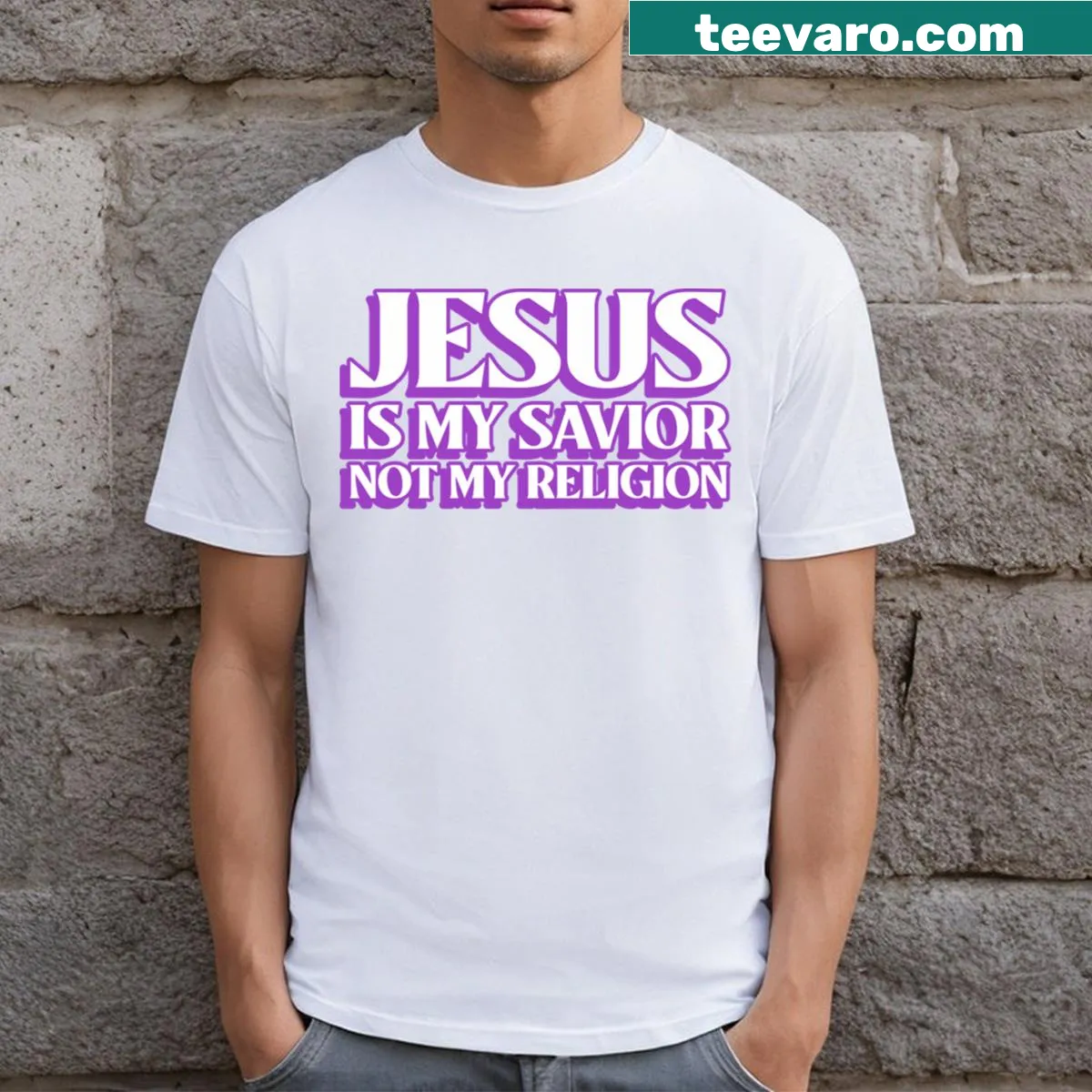 T-shirt with the message 'Jesus Is My Savior Not My Religion'. — on a men's t-shirt