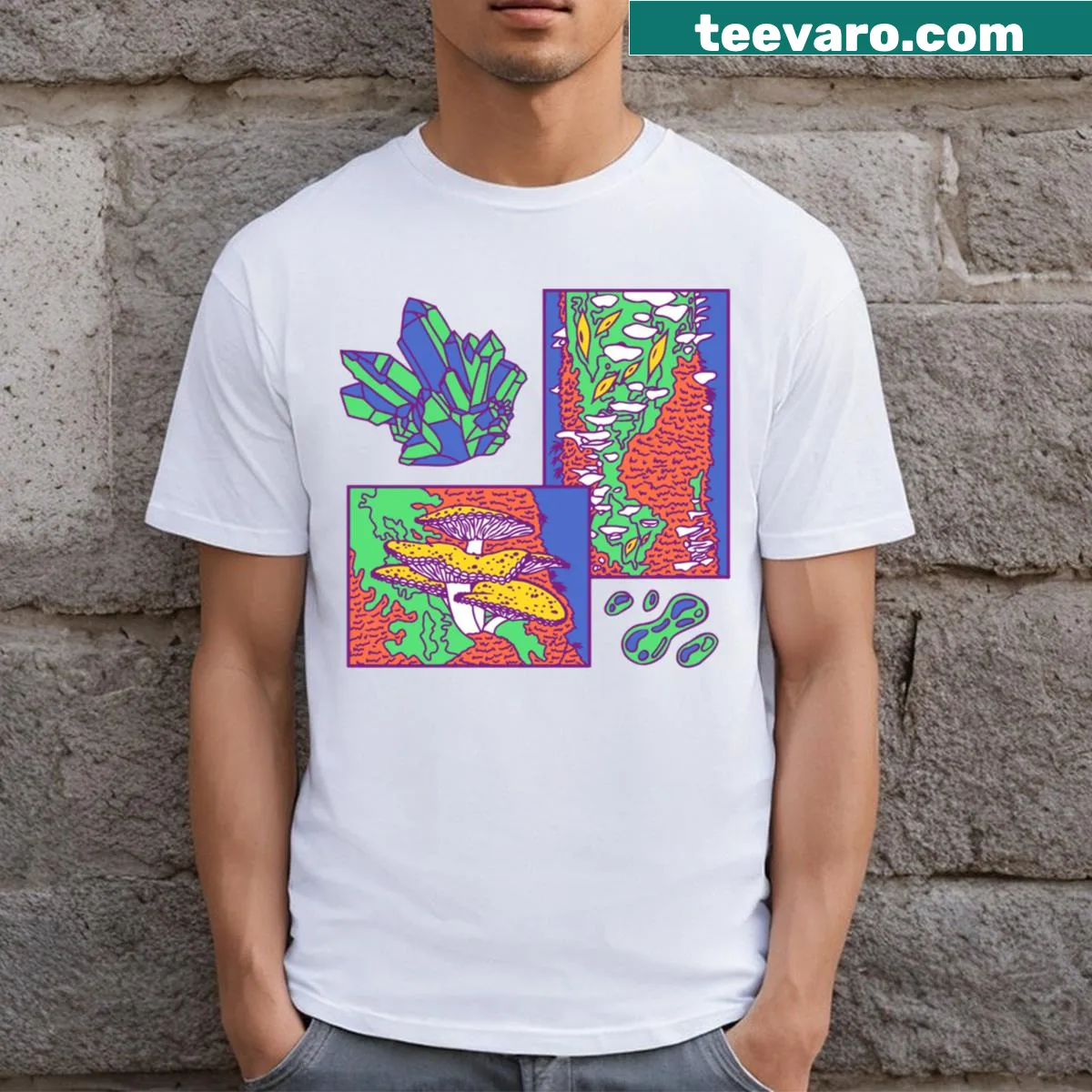 T-shirt featuring whimsical illustrations of a mushroom forest — on a men's t-shirt