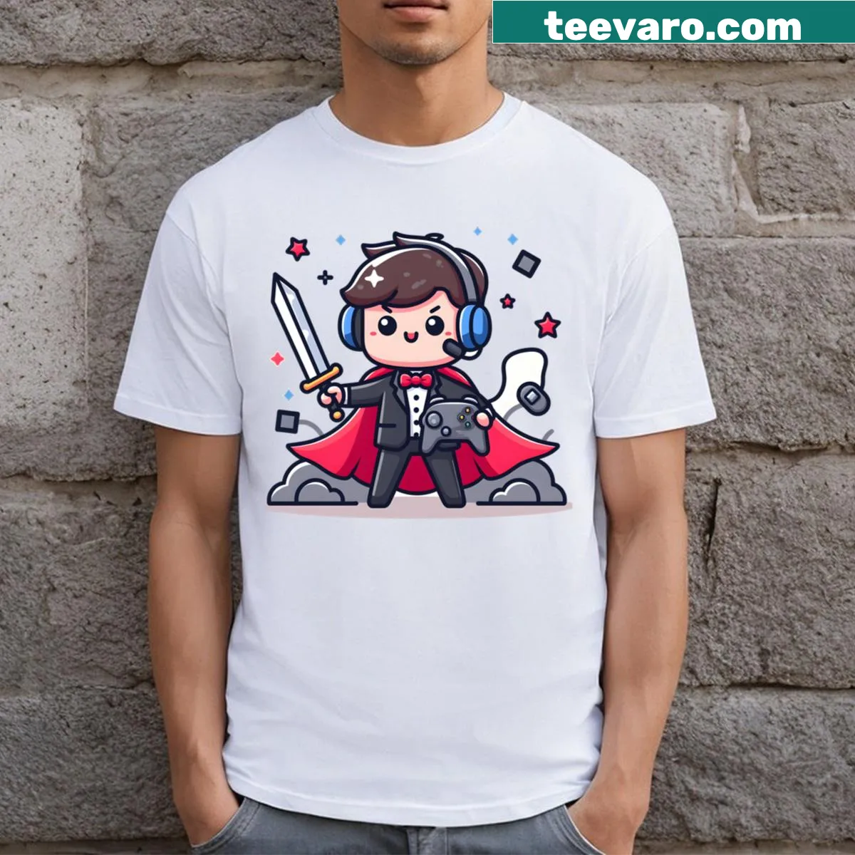 Kawaii game developer character in a cape, cartoon style — on a men's t-shirt