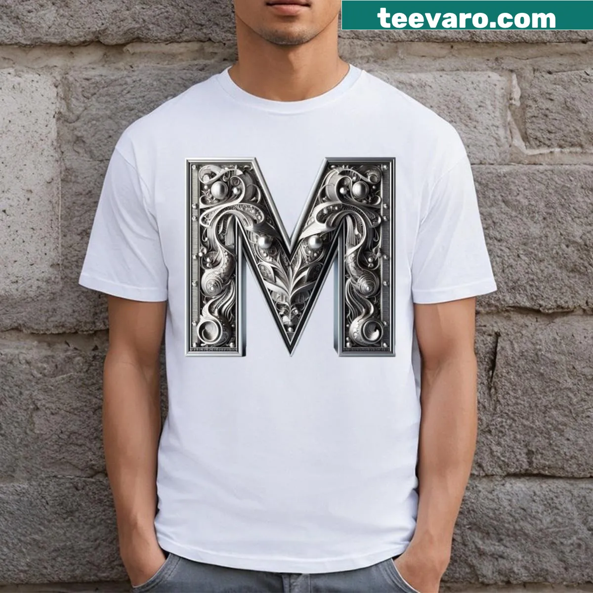 Elegant Letter M Calligraphy T-shirt design — on a men's t-shirt