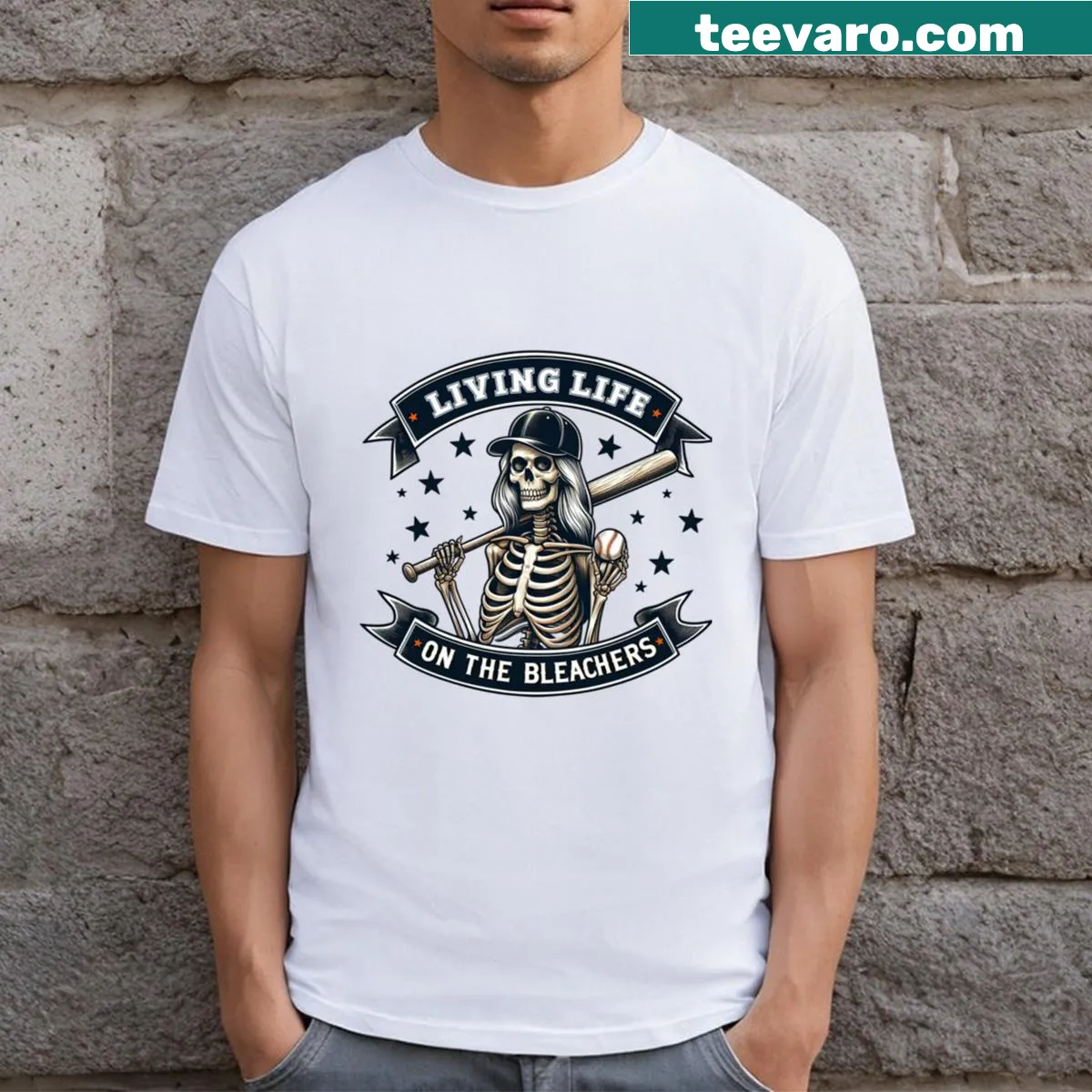 Living Life On The Bleachers t-shirt with bold typography — on a men's t-shirt