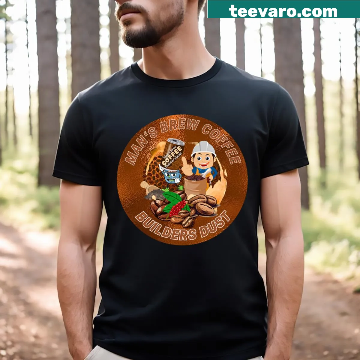 Funny coffee-themed t-shirt with Builders Dust phrase — on a men's t-shirt