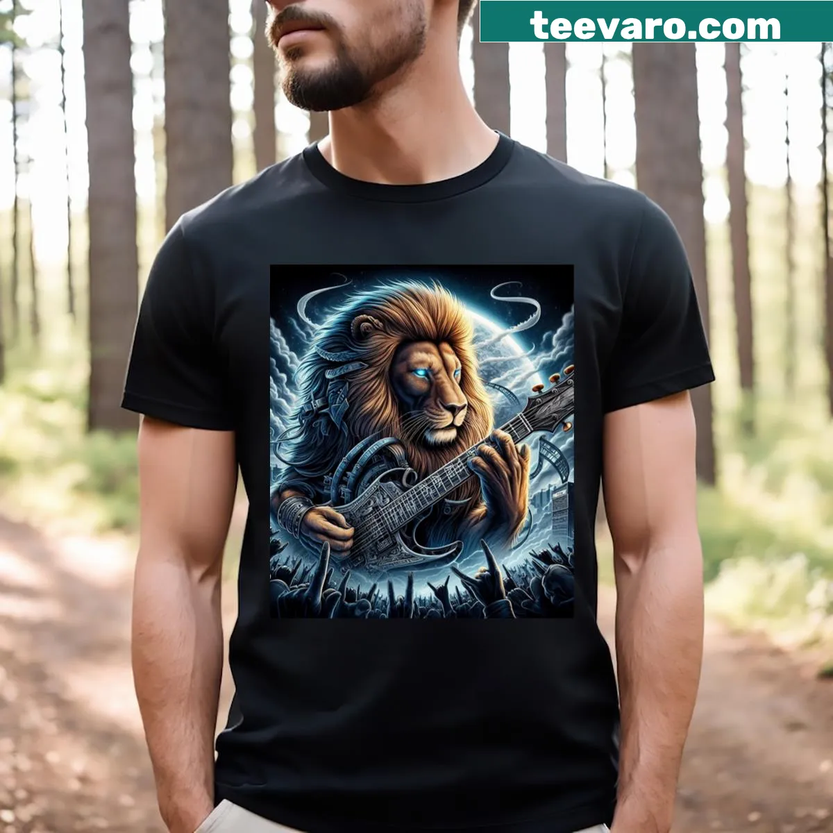 Bold lion illustration with metal influences on t-shirt. — on a men's t-shirt