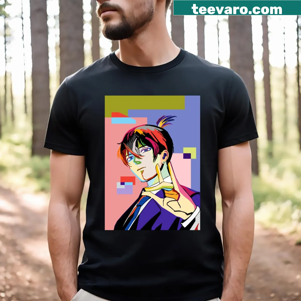 Abstract pop art design T-shirt featuring playful shapes and lines — on a men's t-shirt