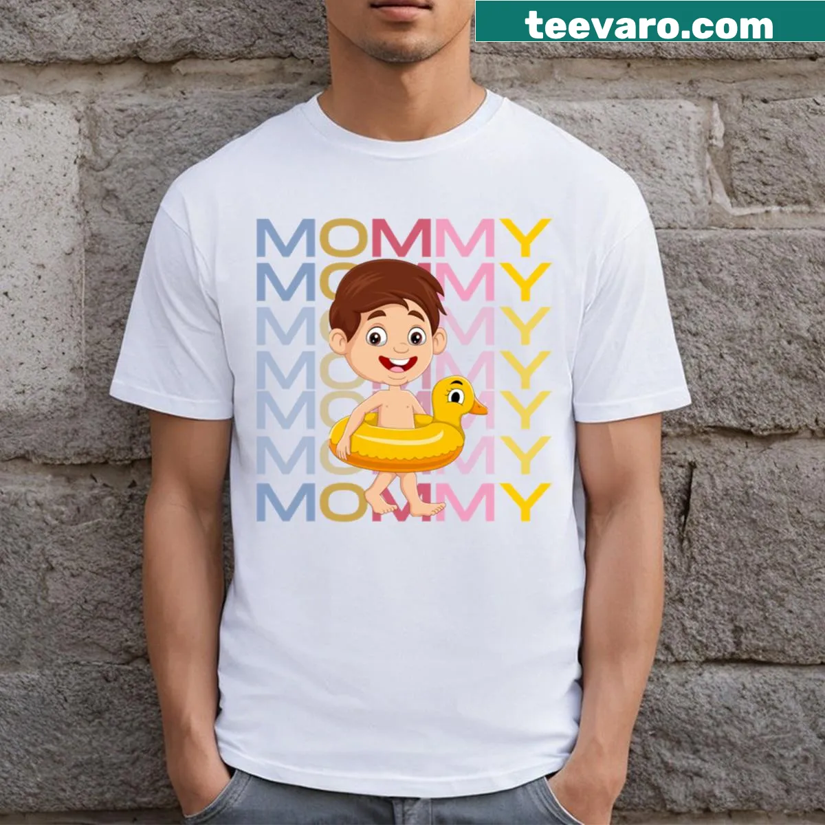 Playful T-shirt with a cartoon bunny and duck floater design — on a men's t-shirt