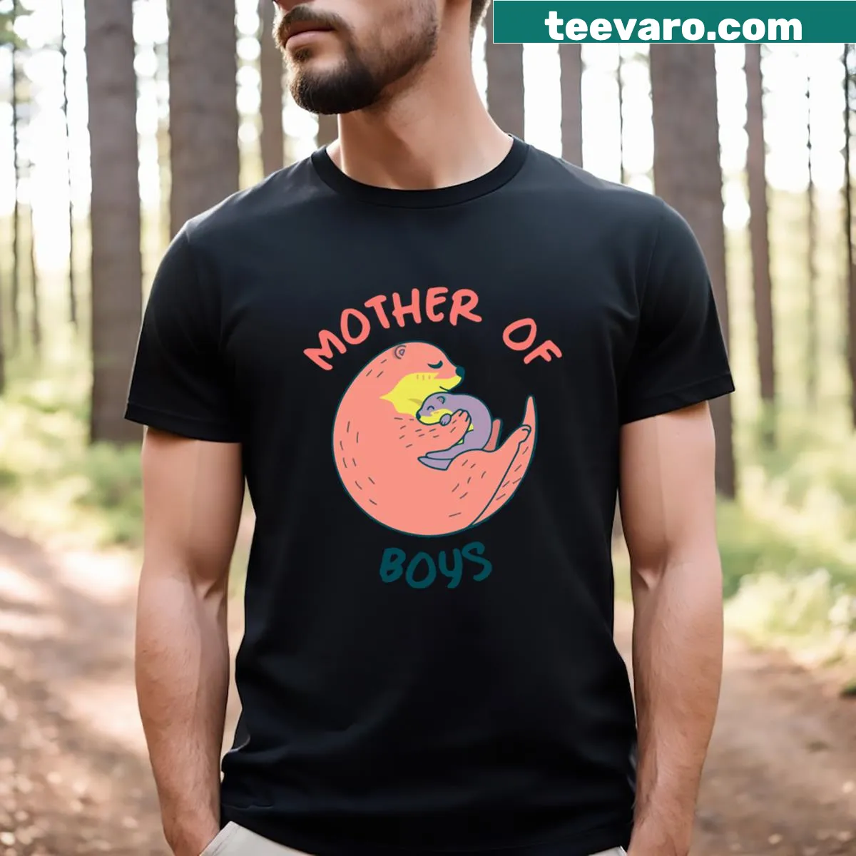 T-shirt celebrating mothers of boys with playful typography — on a men's t-shirt