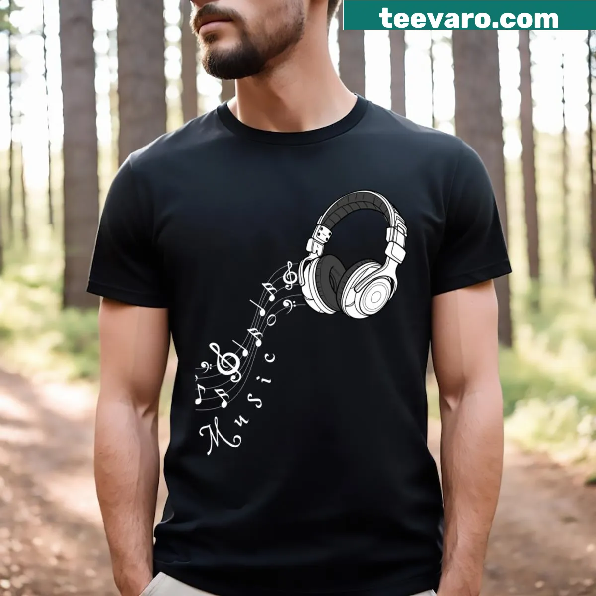 Music-themed graphic T-shirt with musical elements — on a men's t-shirt