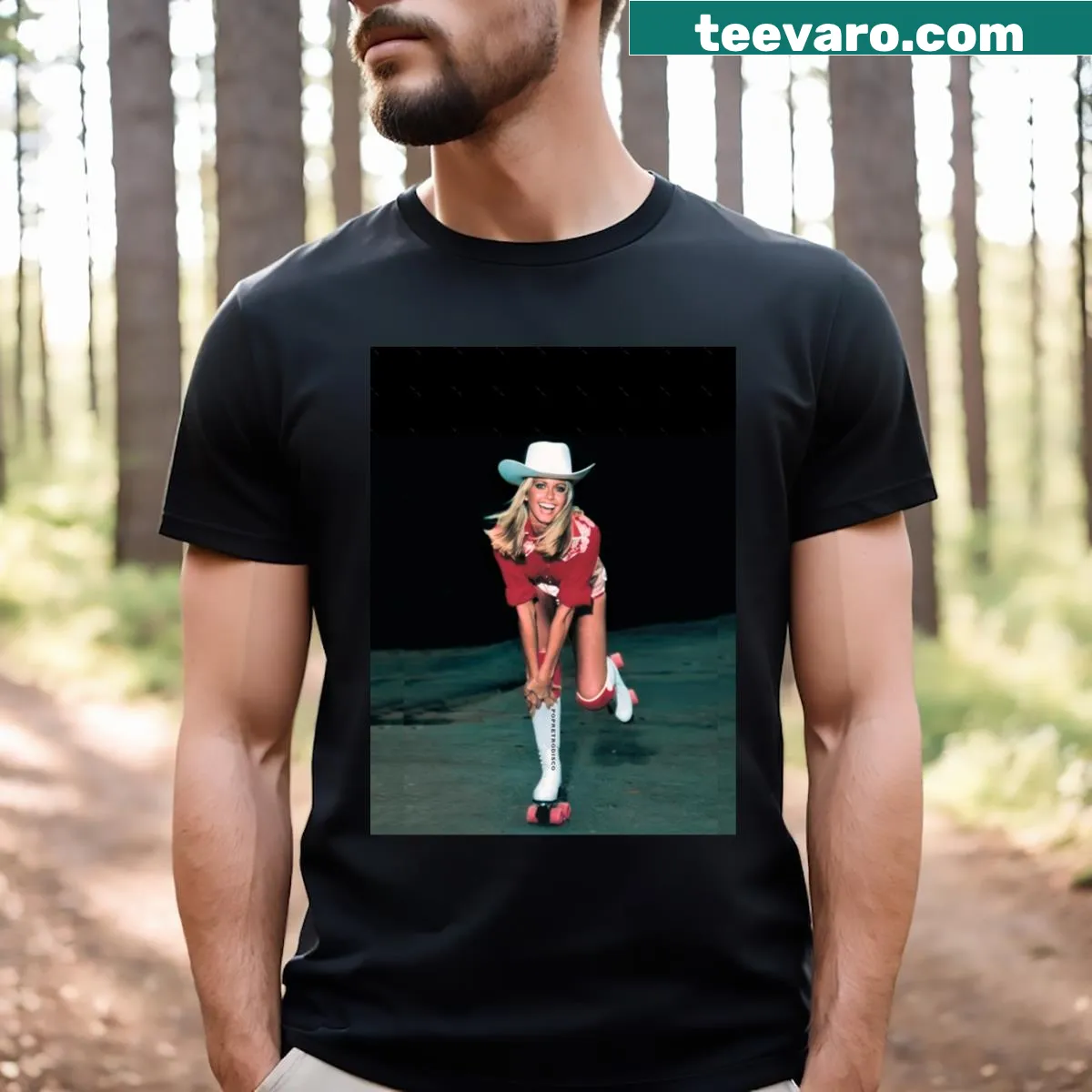 1980's inspired t-shirt featuring Xanadu roller skating design — on a men's t-shirt