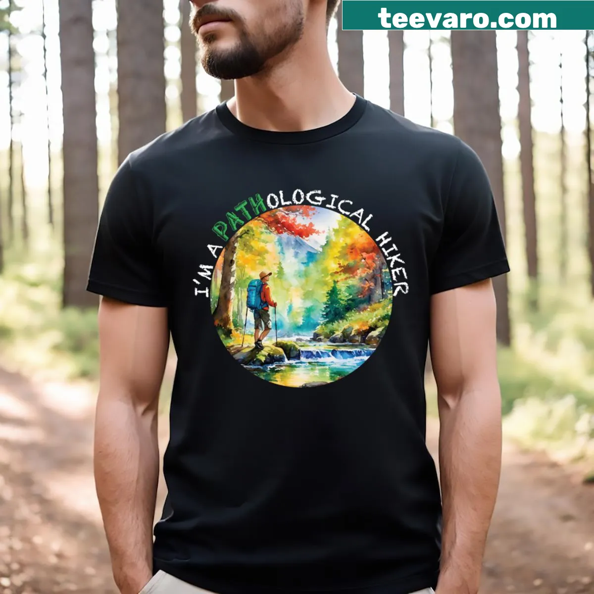 Vintage distressed Pathological Hiker t-shirt with playful design — on a men's t-shirt
