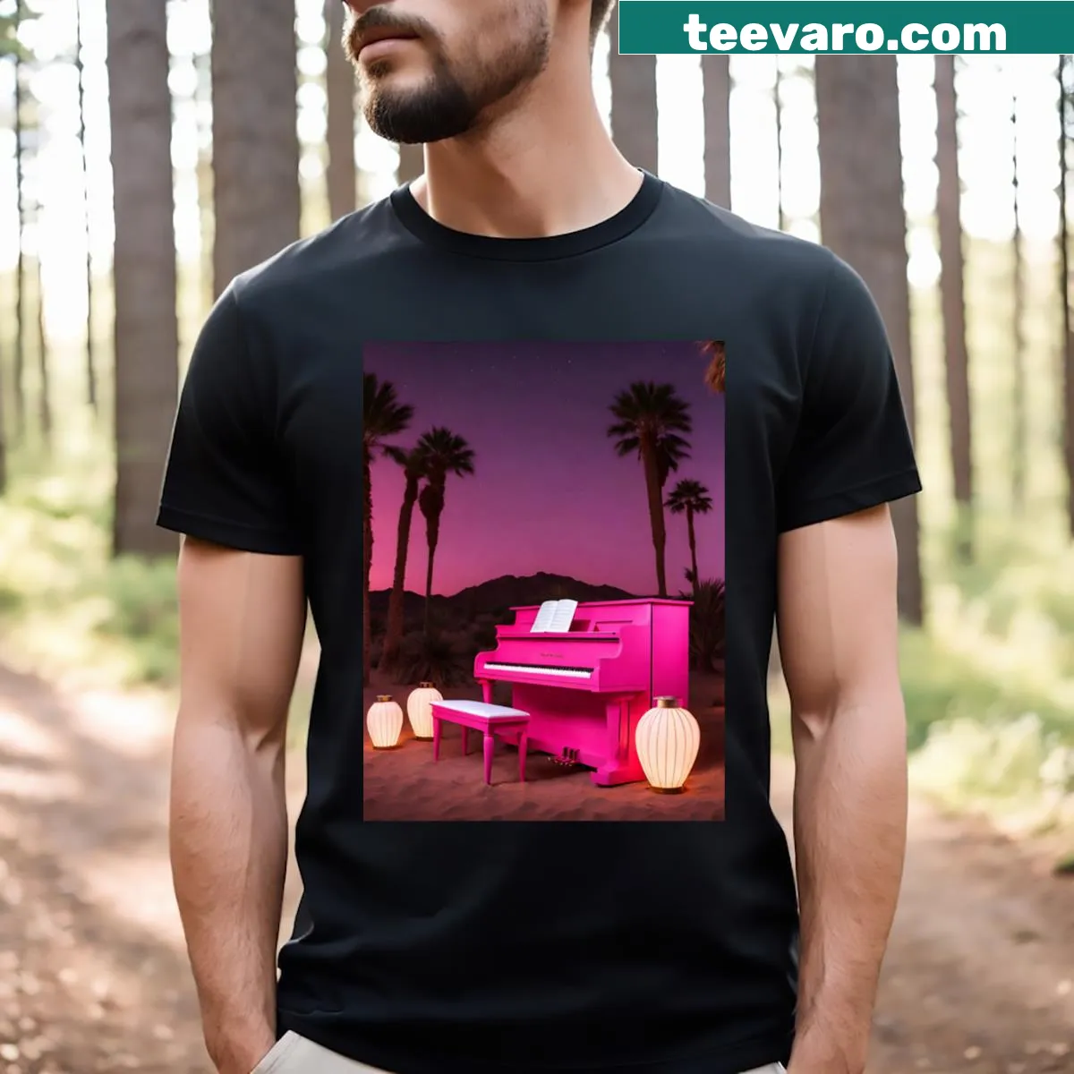 T-shirt featuring a piano in the Egyptian desert with pyramids — on a men's t-shirt