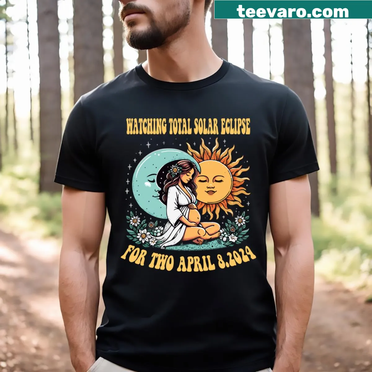 Pregnant silhouette against a solar eclipse with date April 8, 2024 — on a men's t-shirt