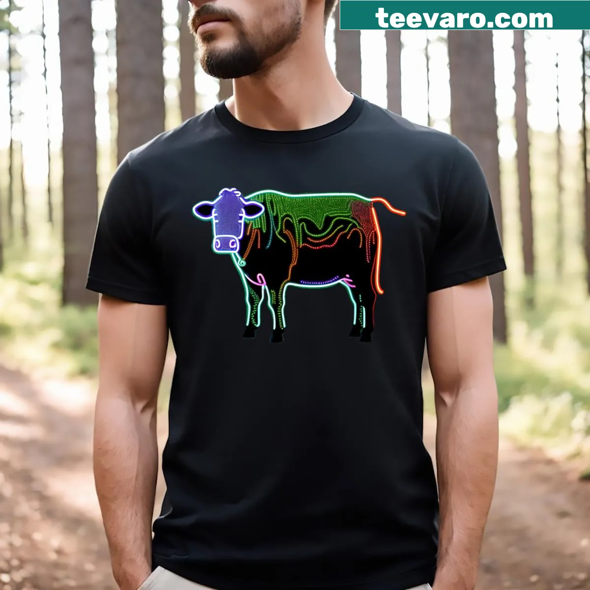 T-shirt featuring a playful illustration of a cow — on a men's t-shirt