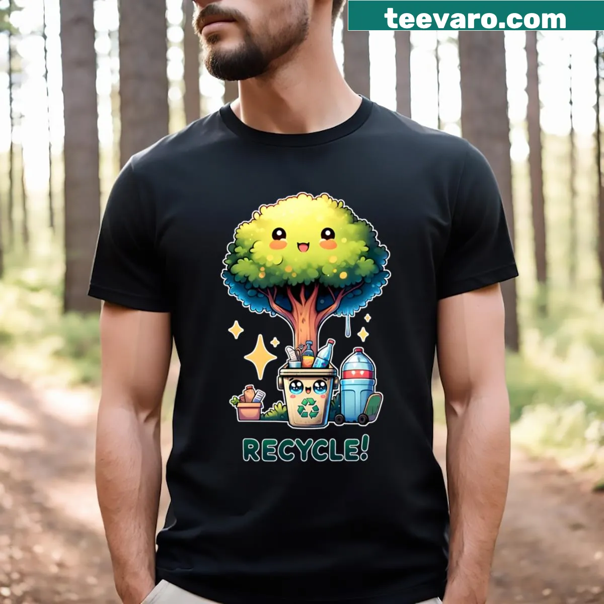 Cute illustrated tree and recycle bin graphic T-shirt — on a men's t-shirt