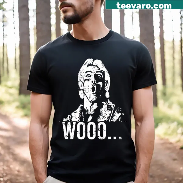 T-shirt with bold 'Woooo!' typography celebrating Ric Flair